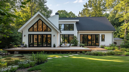 Obraz premium A modern farmhouse-style house with large windows and a wooden deck. A green grass lawn in front of the home with a small garden pond on one side