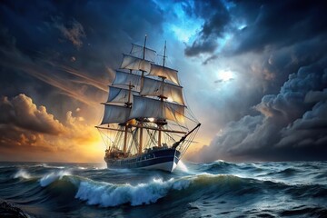 Sail ship navigating stormy sea at night