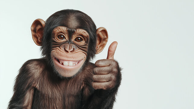 Chimpanzee Thumbs Up: A close-up portrait of a playful chimpanzee with a bright, toothy grin, giving a thumbs-up gesture against a simple backdrop. This image is perfect for conveying positivity.