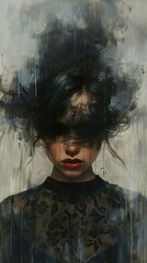 Fototapeta premium Mysterious Woman in Black with Red Lips: A Contemporary Portrait