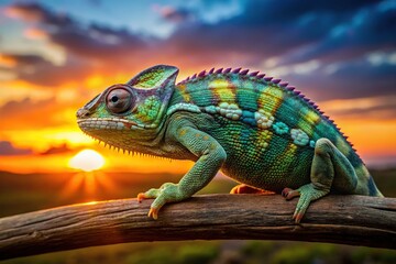 Fototapeta premium Symmetrical Panther Chameleon against sunset background