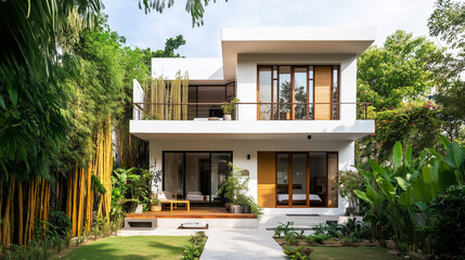 Fototapeta premium A modern two-story small house with white walls