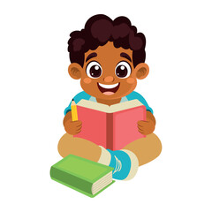 afro little student boy reading books character