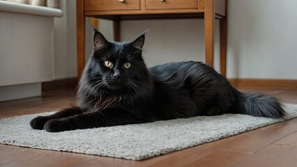 Naklejka premium Black maine coon cat laying on the floor indoor