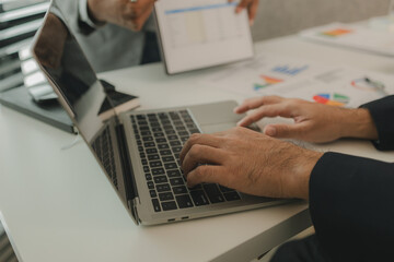 a businessman orders his assistant to rehearse a serious presentation of an important project and not to make any mistakes before a business meeting with a partner soon, brainstorming, discussion