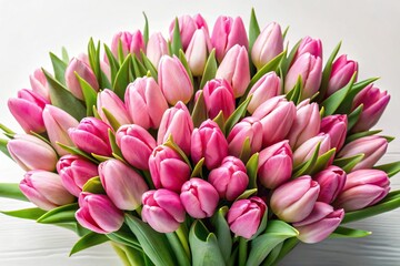 Obraz premium Symmetrical pink tulips bouquet and gift on pink background, perfect for celebrations and special occasions