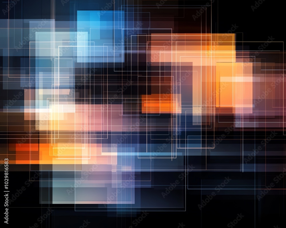 Poster abstract design featuring overlapping blocks of light in vibrant colors, creating a modern and dynam
