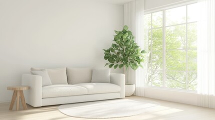 A white couch is in a room with a large window and a potted plant. The room is clean and bright, giving off a feeling of calm and relaxation