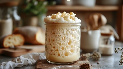 Sourdough Starter Fermentation in Glass Jar in Stylish Kitchen Setting