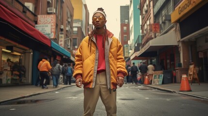 Fototapeta premium Man in yellow jacket on city street