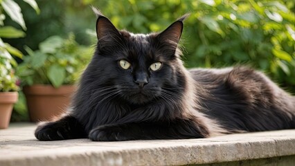 Black maine coon cat lying outside in the garden
