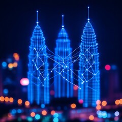 A digital representation of skyscrapers illuminated in blue at night.