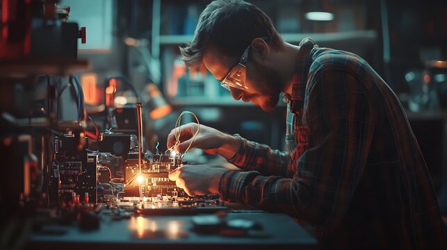 Electronics Repair Technician Soldering Wires to Fix Electronic Device in High Tech Lab