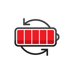 Battery with circular arrows indicating recharge in red color. vector illustration.