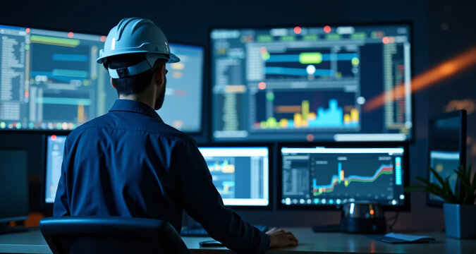 an Engineer Operator in a control room, interacting with a modern SCADA system 