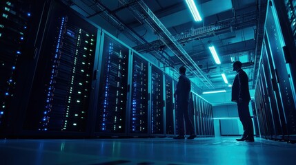 IT professionals in a server room, managing system upgrades as part of a technology-driven change process.