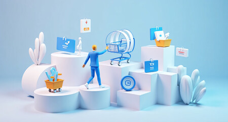 Digital shopping icons representing an omnichannel retail concept, designed 