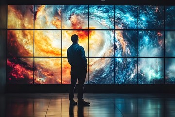 Fototapeta premium Individual Observing Storm Patterns on Massive Digital Screen Showcasing Weather Data Visualization