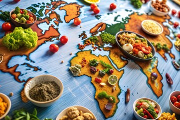 World map featuring foods from different cultures global atlas concept