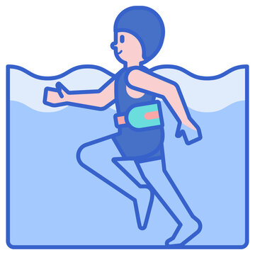 recommend clip art: A cartoon of a swimmer wearing a swim cap and a flotation device in the water.