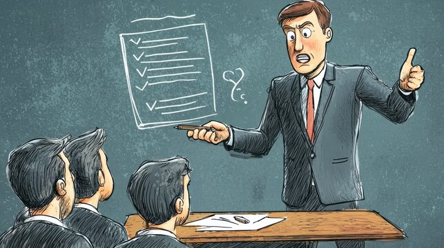 A funny illustration of a manager presenting a complicated change management plan to confused employees.