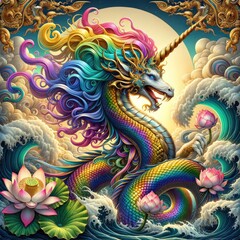Obraz premium Majestic Mythical Fusion: A Hyper-Realistic Serpentine Unicorn-Dragon in an Ornate Oceanic Realm with Iridescent Scales, Flowing Multicolored Mane, Golden Horn, and Blooming Lotus Amid Swirling Waves