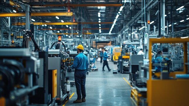 Engineers and factory workers adjusting to new machinery and procedures in a manufacturing plant.