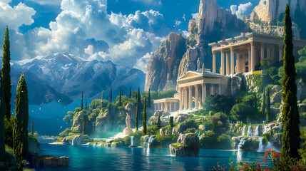 Obraz premium Depiction of Olympus The Divine Abode of Gods in Greek Mythology through Art Concept Greek Mythology Olympus Art Divine Abode Gods