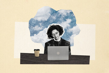 Composite photo collage of happy american girl freelancer type laptop office occupation coffee...