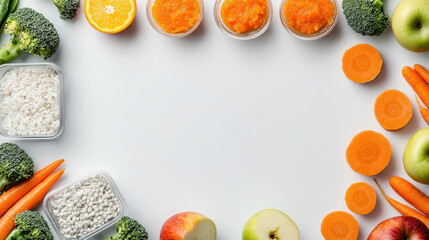Fresh fruits and vegetables arranged in flat lay composition, featuring orange slices, apple slices, broccoli, carrots, and baby food ingredients. This vibrant display highlights healthy options for