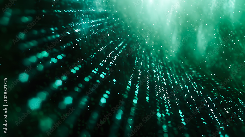 Poster digital binary code data streaming on a dark, greenish abstract background, reflecting the concept o