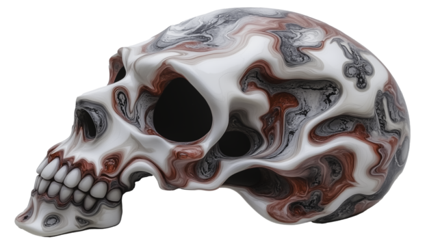 A skull with a red and black swirl pattern on it. The skull is a work of art