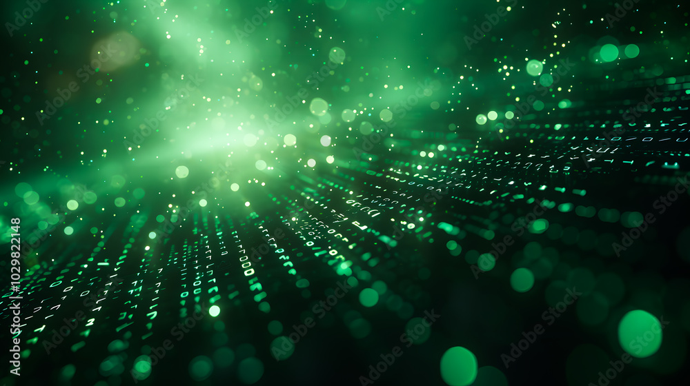 Poster digital binary code data streaming on a dark, greenish abstract background, reflecting the concept o
