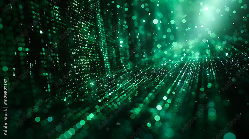 Poster digital binary code data streaming on a dark, greenish abstract background, reflecting the concept o