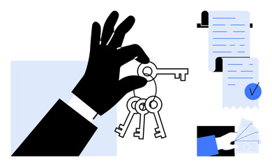 Hand holding keys with signed document and gesturing hand. Ideal for business, real estate, contract agreements, key exchange, and transactions. Simple flat style using blue, black, and white colours