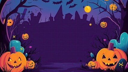 Halloween Night Spooktacular: A vibrant and spooky Halloween backdrop with a dark purple sky, silhouetted cityscape, flying bats, a full moon, and grinning jack-o'-lanterns scattered around the edges.