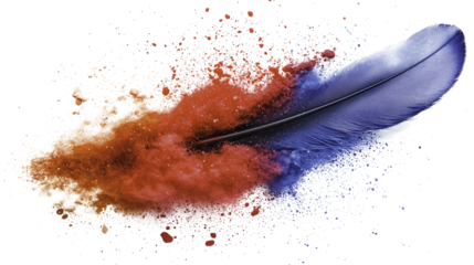 A feather with red and blue colors is in the air, creating a colorful and dynamic scene. Concept of freedom and movement, as the feather is caught in the wind and he is dancing through the air