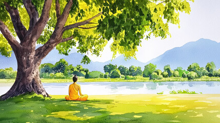 serene scene depicting figure meditating under large tree by tranquil river, surrounded by lush greenery and mountains in background. peaceful atmosphere invites reflection and calmness