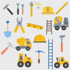 Fototapeta premium vector illustration of construction icons. such as helmet, hammer, heavy vehicle, design ruler.