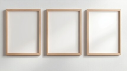 Three wooden framed white pictures on a wall. The frames are empty and the wall is white. The empty frames give the impression of a blank canvas waiting to be filled with art or photographs