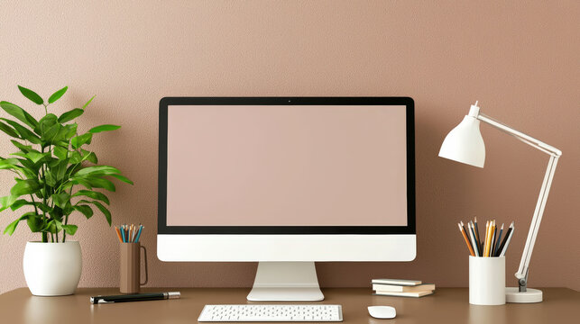 Modern home office interior with computer, desk lamp, and plant creating serene workspace. minimalist design promotes productivity and comfort