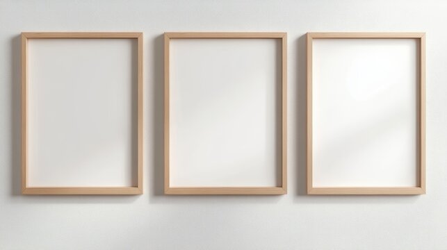 Three wooden framed white pictures on a wall. The frames are empty and the wall is white. The empty frames give the impression of a blank canvas waiting to be filled with art or photographs