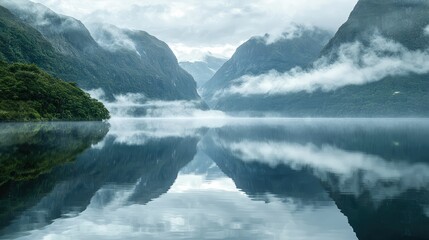 Obraz premium Foggy Mountain Lake Reflection in Nature's Serenity