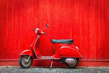 Vintage red scooter parked against a red wall extreme close-up