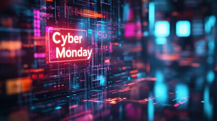 Fototapeta premium Glowing Cyber Monday sign on a futuristic digital grid background