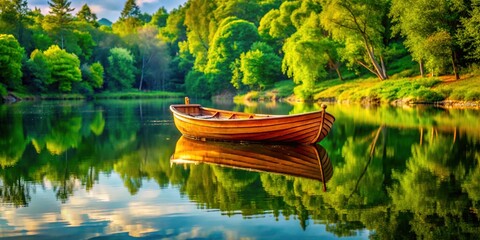 Dreamy Water Reflection of a Guziec in Serene Nature - Conceptual Photography of a Rowing Boat Surrounded by Lush Greenery and Calm Waters for Tranquil and Peaceful Inspirations