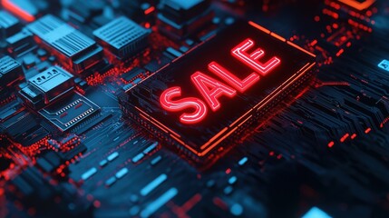Obraz premium Neon red sale sign on futuristic circuit board for Cyber Monday