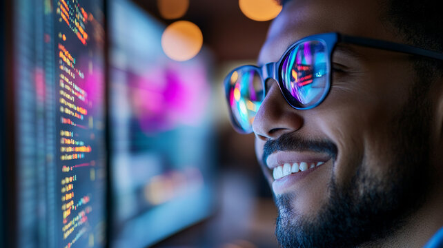 A focused man wearing sunglasses smiles while looking at computer screen filled with colorful code. vibrant reflections in his glasses enhance tech savvy atmosphere