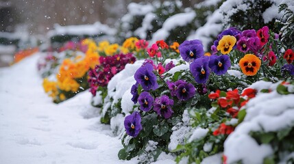 Winter Garden with Colorful Floral Blooms and Snow