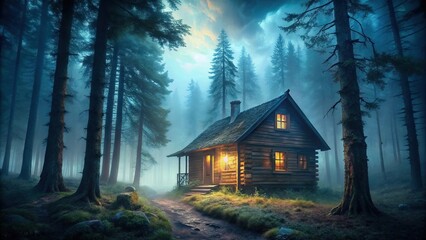 Scary haunted cabin in misty forest at night, low angle view
